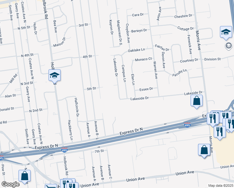 map of restaurants, bars, coffee shops, grocery stores, and more near 24 Campus Lane in Ronkonkoma