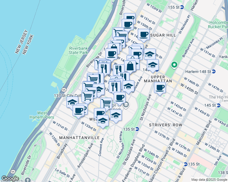 map of restaurants, bars, coffee shops, grocery stores, and more near 507 West 139th Street in New York