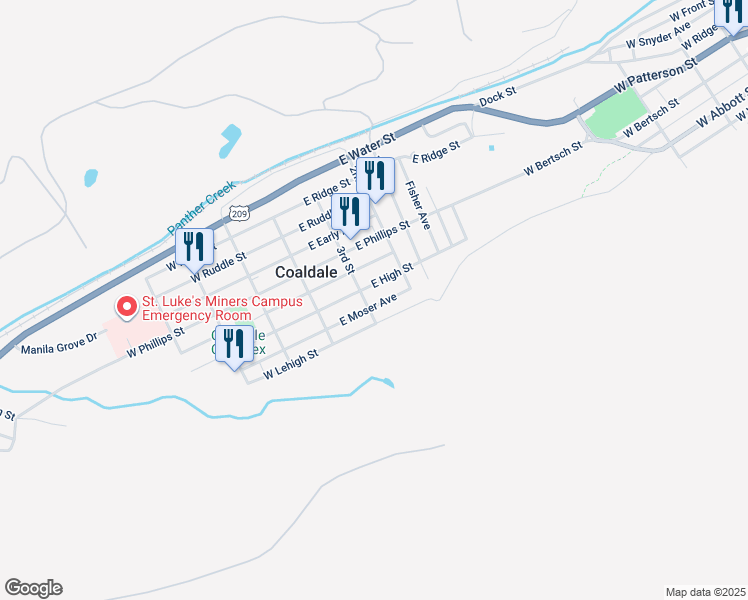 map of restaurants, bars, coffee shops, grocery stores, and more near 107 East Moser Avenue in Coaldale
