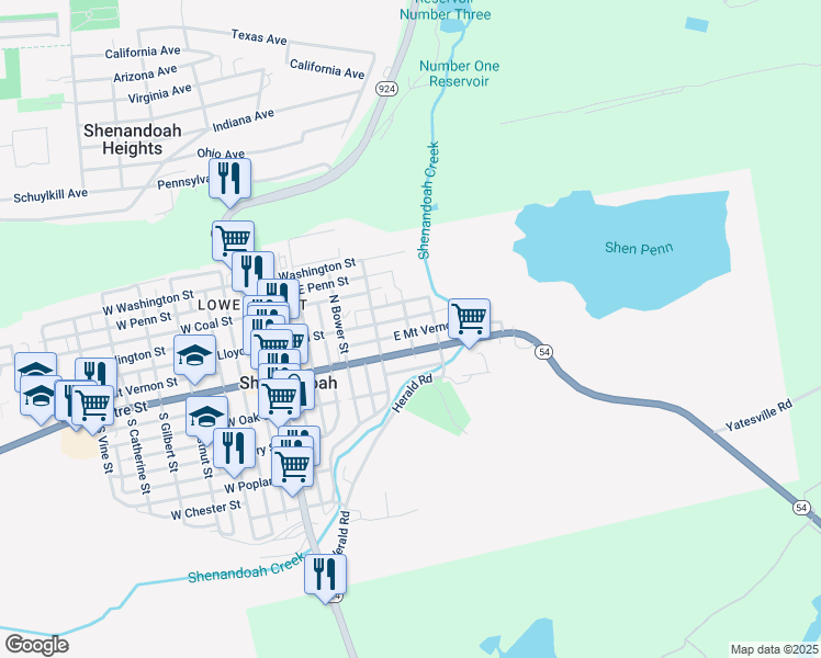 map of restaurants, bars, coffee shops, grocery stores, and more near 409 East Mount Vernon Street in Shenandoah
