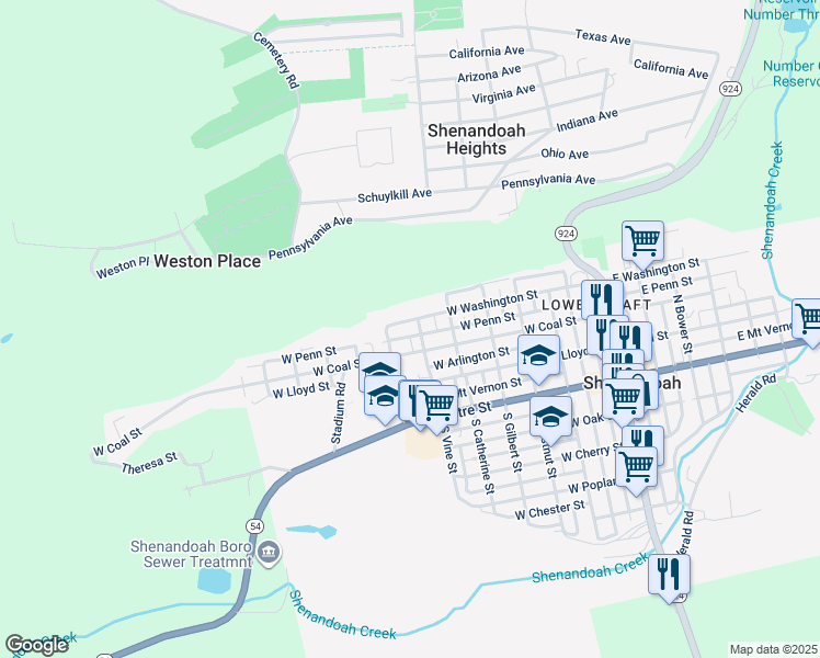 map of restaurants, bars, coffee shops, grocery stores, and more near 613 West Penn Street in Shenandoah