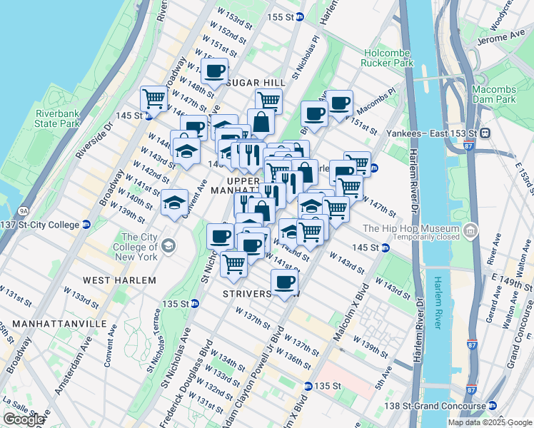 map of restaurants, bars, coffee shops, grocery stores, and more near 307 West 143rd Street in New York