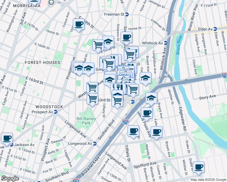 map of restaurants, bars, coffee shops, grocery stores, and more near 970 Fox Street in Bronx