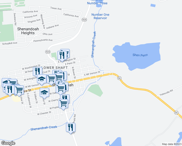 map of restaurants, bars, coffee shops, grocery stores, and more near 409 East Mount Vernon Street in Shenandoah