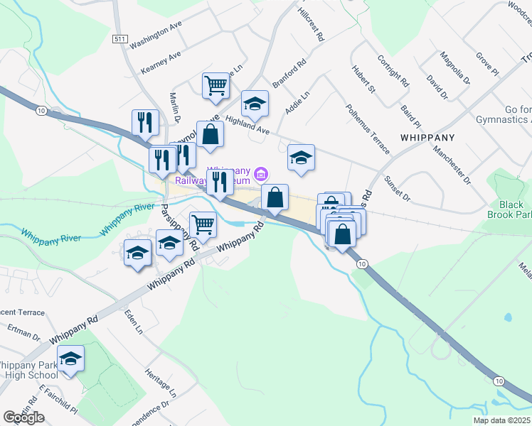 map of restaurants, bars, coffee shops, grocery stores, and more near Mount Pleasant Avenue & Whippany Road in Hanover