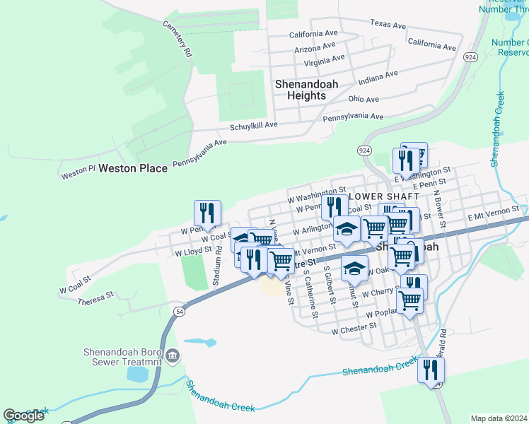 map of restaurants, bars, coffee shops, grocery stores, and more near 611 West Penn Street in Shenandoah