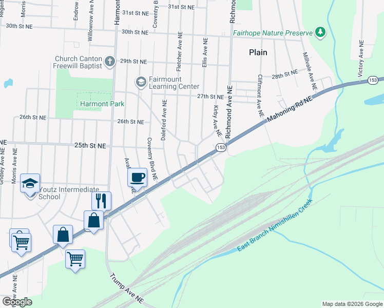 map of restaurants, bars, coffee shops, grocery stores, and more near 3846 Fairmount Boulevard Northeast in Canton