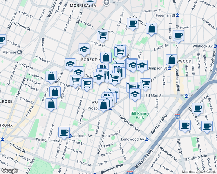 map of restaurants, bars, coffee shops, grocery stores, and more near 896 Union Avenue in The Bronx