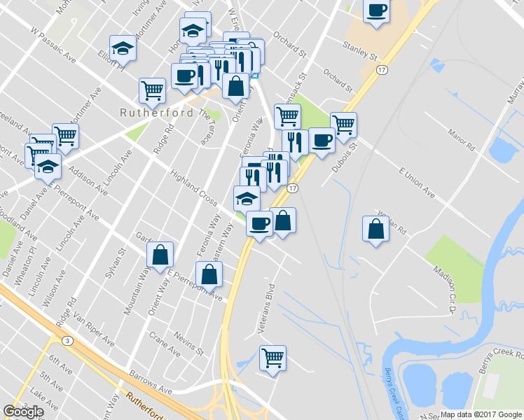map of restaurants, bars, coffee shops, grocery stores, and more near 40 New Jersey 17 in Rutherford