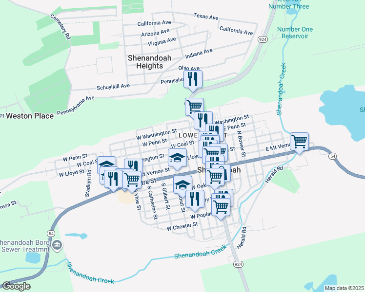 map of restaurants, bars, coffee shops, grocery stores, and more near 204 West Coal Street in Shenandoah