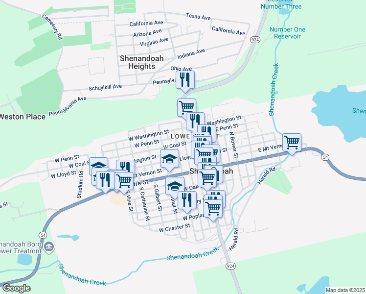 map of restaurants, bars, coffee shops, grocery stores, and more near 134 North Jardin Street in Shenandoah