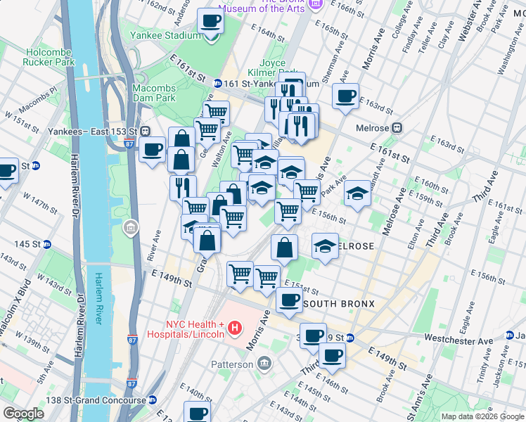 map of restaurants, bars, coffee shops, grocery stores, and more near 730 Concourse Village West in Bronx