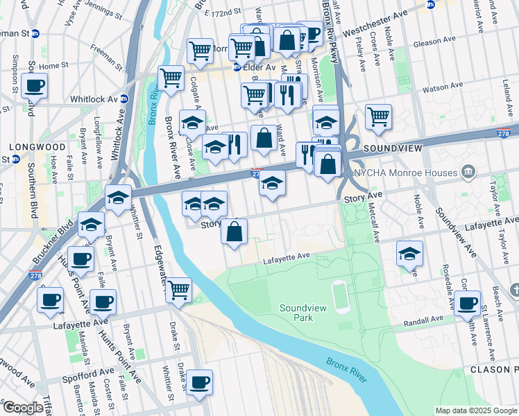 map of restaurants, bars, coffee shops, grocery stores, and more near 929 Elder Avenue in Bronx
