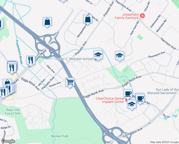 map of restaurants, bars, coffee shops, grocery stores, and more near 25 Minnisink Drive in Roseland