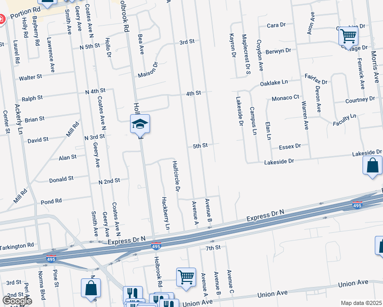 map of restaurants, bars, coffee shops, grocery stores, and more near 128 Avenue B in Holbrook