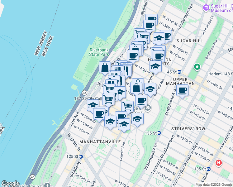 map of restaurants, bars, coffee shops, grocery stores, and more near Broadway & W 138th St in New York
