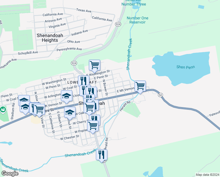 map of restaurants, bars, coffee shops, grocery stores, and more near 222 East Lloyd Street in Shenandoah