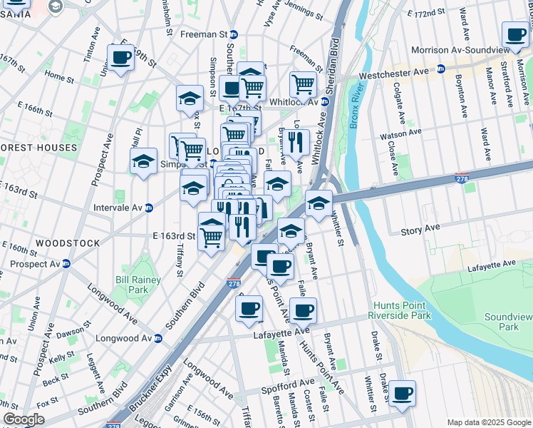 map of restaurants, bars, coffee shops, grocery stores, and more near 954 Hoe Avenue in Bronx