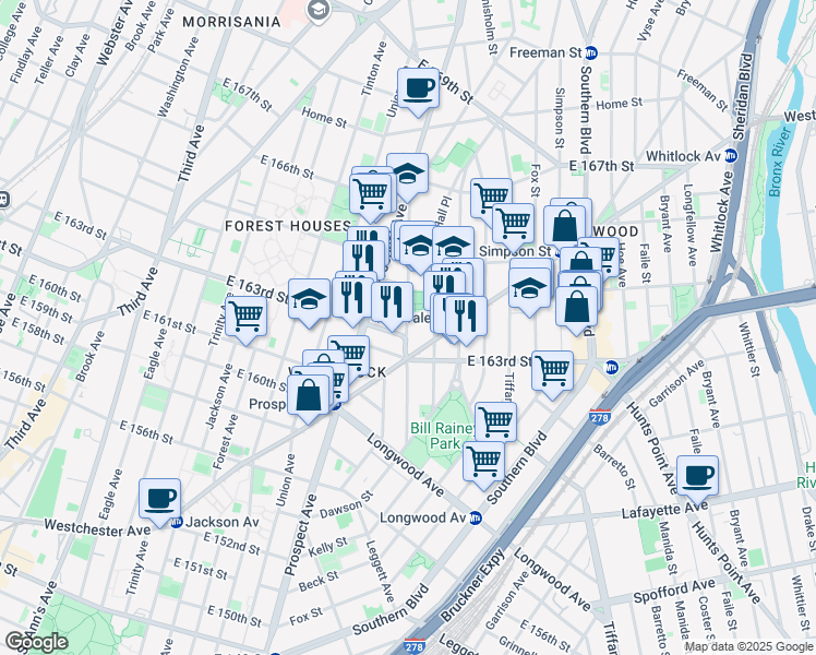 map of restaurants, bars, coffee shops, grocery stores, and more near 961 Rev James A Polite Avenue in Bronx