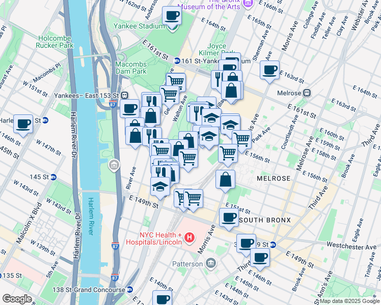 map of restaurants, bars, coffee shops, grocery stores, and more near 740 Grand Concourse in Bronx