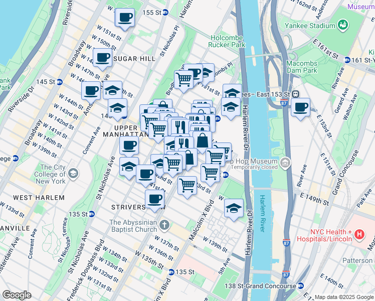 map of restaurants, bars, coffee shops, grocery stores, and more near 206 West 146th Street in New York