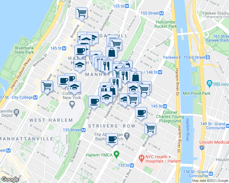 map of restaurants, bars, coffee shops, grocery stores, and more near 27 Bradhurst Avenue in New York