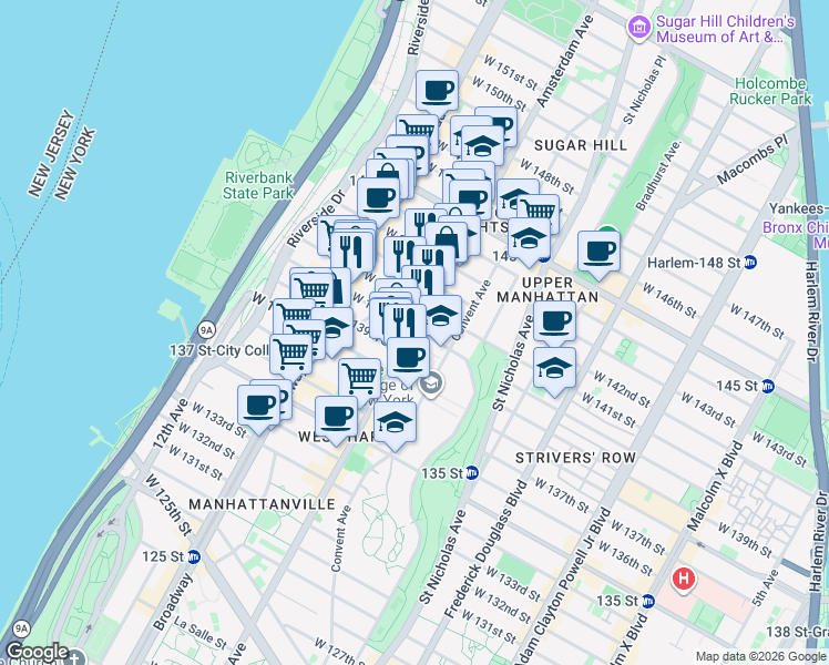 map of restaurants, bars, coffee shops, grocery stores, and more near 1626 Amsterdam Avenue in New York