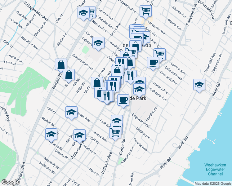 map of restaurants, bars, coffee shops, grocery stores, and more near 513 Anderson Avenue in Cliffside Park