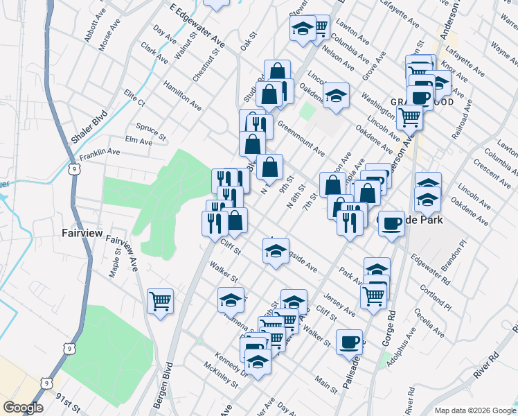 map of restaurants, bars, coffee shops, grocery stores, and more near 425 9th Street in Fairview