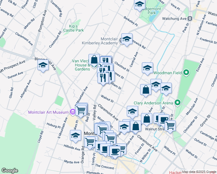 map of restaurants, bars, coffee shops, grocery stores, and more near 26 William Street in Montclair