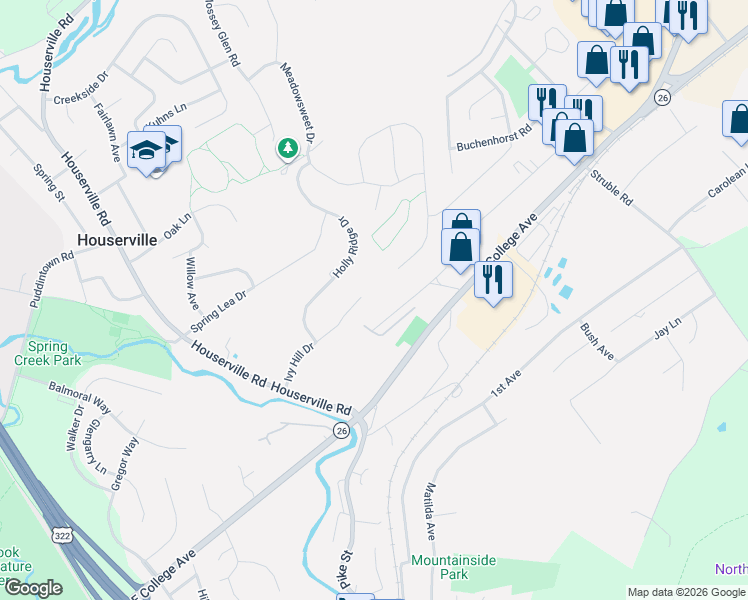map of restaurants, bars, coffee shops, grocery stores, and more near 299 Ivy Hill Drive in State College