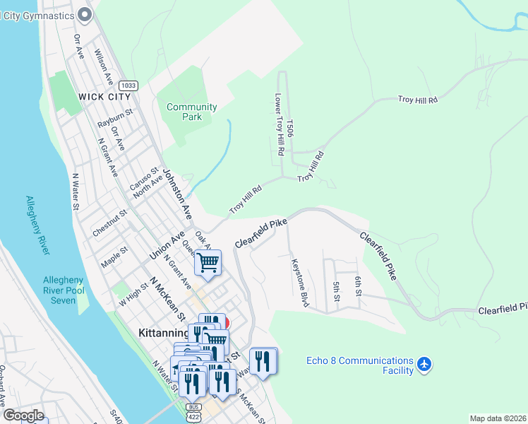 map of restaurants, bars, coffee shops, grocery stores, and more near 260 Oak Avenue in Kittanning