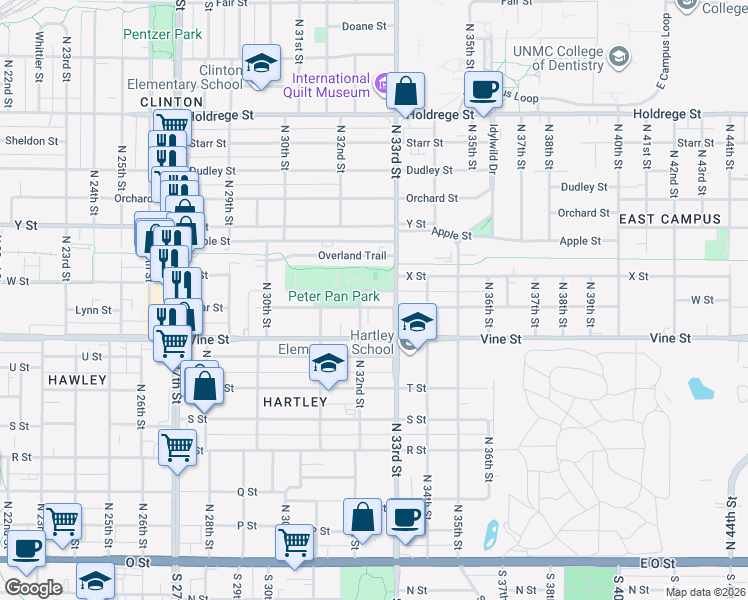 map of restaurants, bars, coffee shops, grocery stores, and more near 3200-3298 X Street in Lincoln