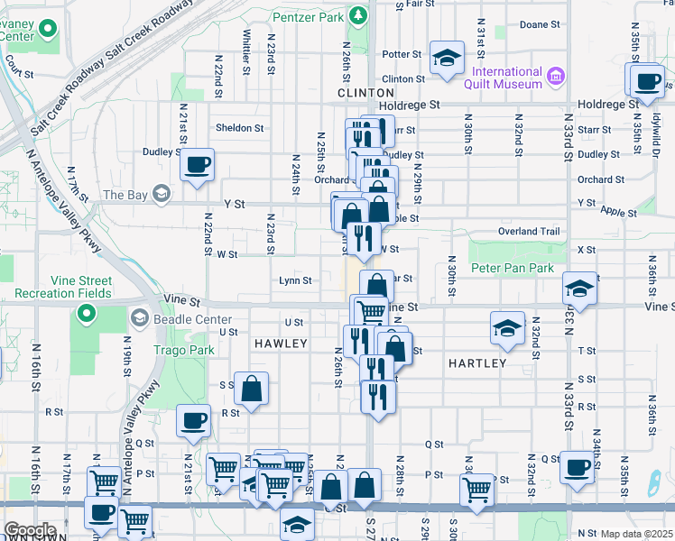 map of restaurants, bars, coffee shops, grocery stores, and more near 877 North 26th Street in Lincoln