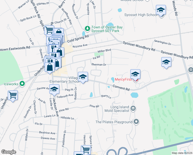 map of restaurants, bars, coffee shops, grocery stores, and more near 4 Greenway Drive in Syosset