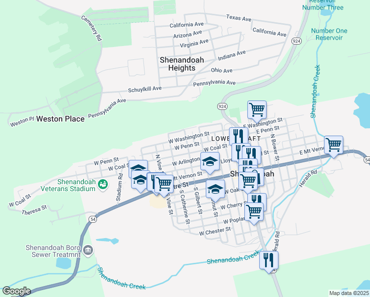 map of restaurants, bars, coffee shops, grocery stores, and more near 222 North Diamond Street in Shenandoah