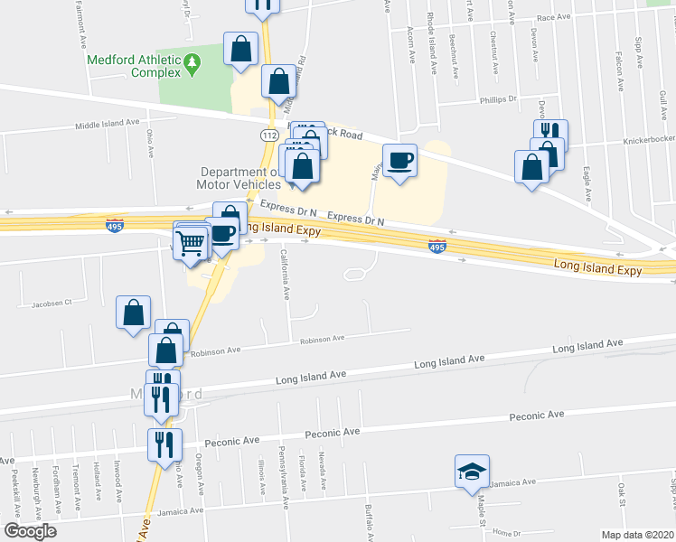 map of restaurants, bars, coffee shops, grocery stores, and more near 32 Victorian Lane in Medford