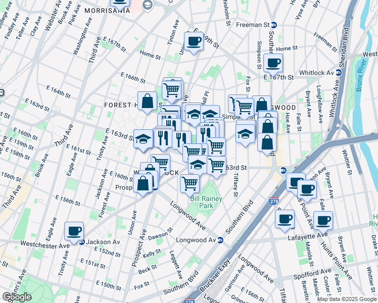 map of restaurants, bars, coffee shops, grocery stores, and more near 888 Rev James A Polite Avenue in Bronx