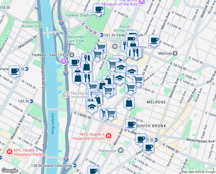 map of restaurants, bars, coffee shops, grocery stores, and more near 707 Concourse Village West in The Bronx