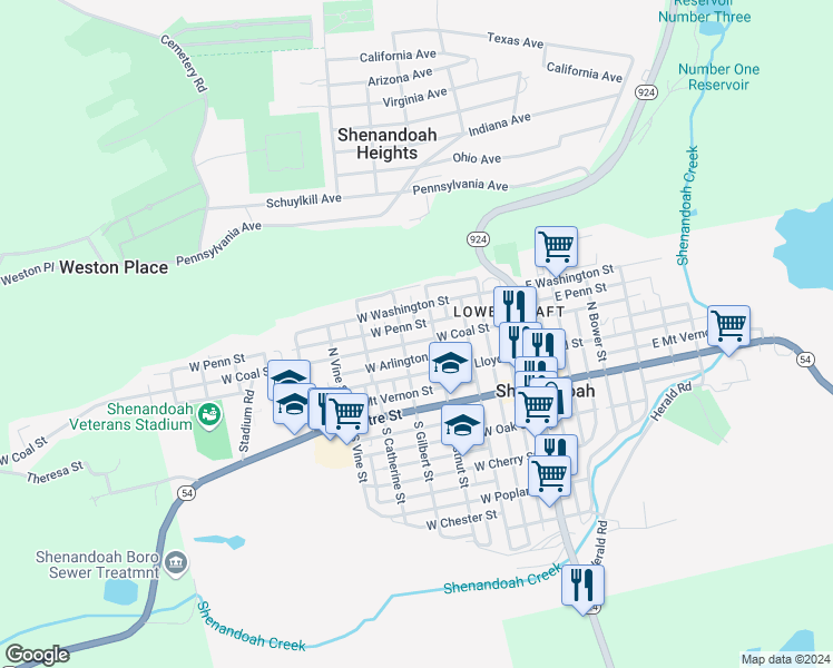 map of restaurants, bars, coffee shops, grocery stores, and more near 322 1/2 West Penn Street in Shenandoah