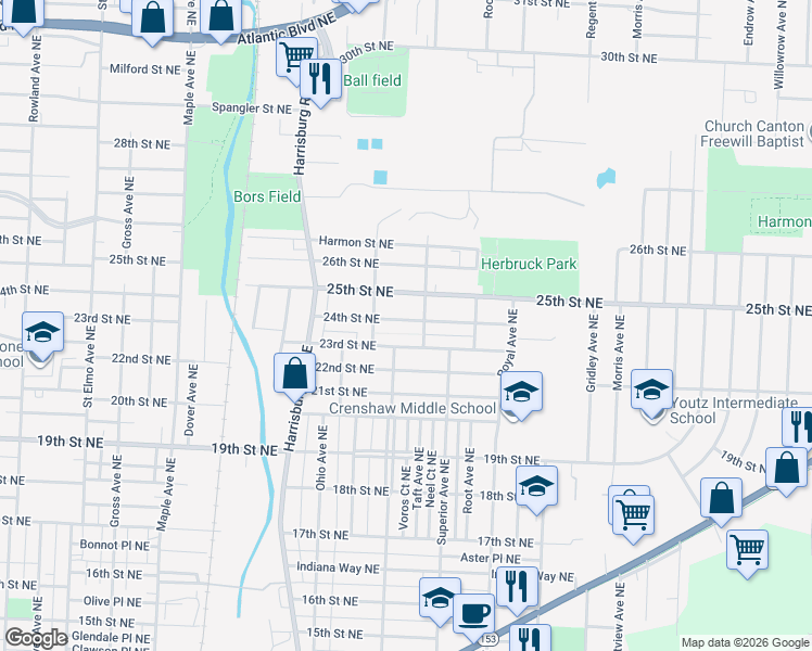map of restaurants, bars, coffee shops, grocery stores, and more near 2215 24th Street Northeast in Canton