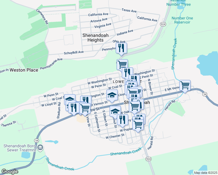 map of restaurants, bars, coffee shops, grocery stores, and more near 237 West Coal Street in Shenandoah