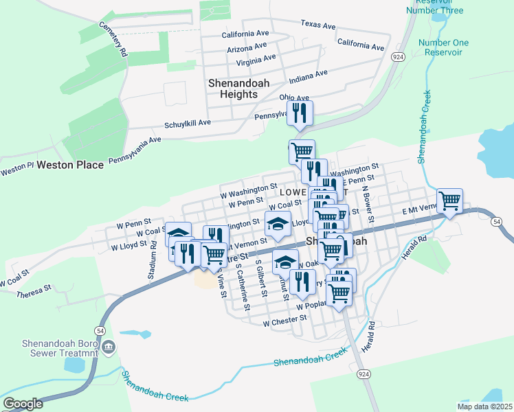 map of restaurants, bars, coffee shops, grocery stores, and more near 322 1/2 West Penn Street in Shenandoah