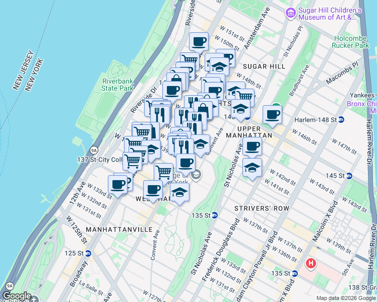 map of restaurants, bars, coffee shops, grocery stores, and more near 1617 Amsterdam Avenue in New York