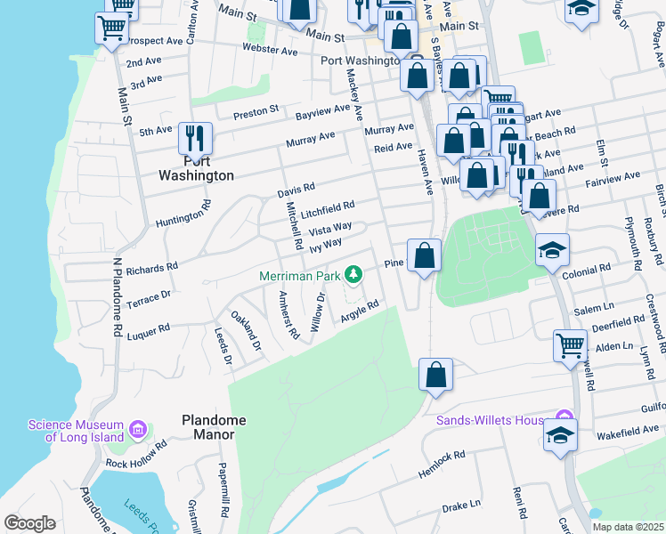 map of restaurants, bars, coffee shops, grocery stores, and more near 144 Luquer Road in Port Washington