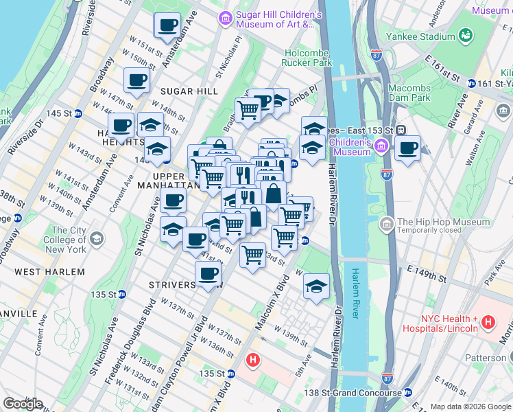 map of restaurants, bars, coffee shops, grocery stores, and more near 206 West 146th Street in New York