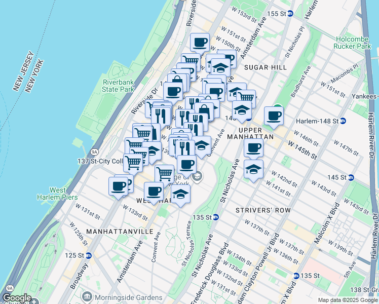 map of restaurants, bars, coffee shops, grocery stores, and more near W 140 St & Amsterdam Ave in New York