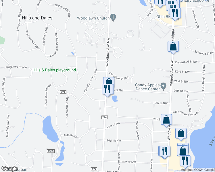 map of restaurants, bars, coffee shops, grocery stores, and more near 2016 Woodlawn Avenue Northwest in Canton
