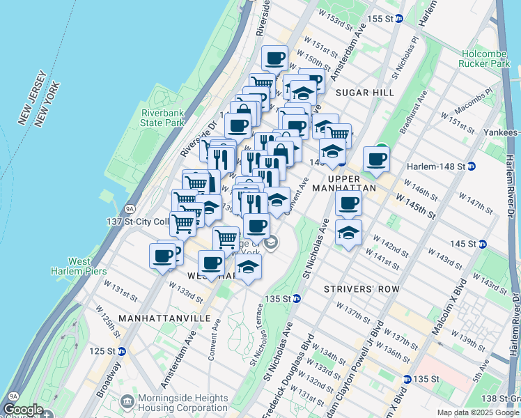 map of restaurants, bars, coffee shops, grocery stores, and more near 1617 Amsterdam Avenue in New York