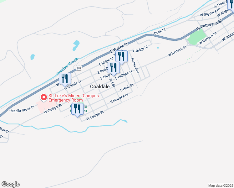 map of restaurants, bars, coffee shops, grocery stores, and more near 108 East High Street in Coaldale